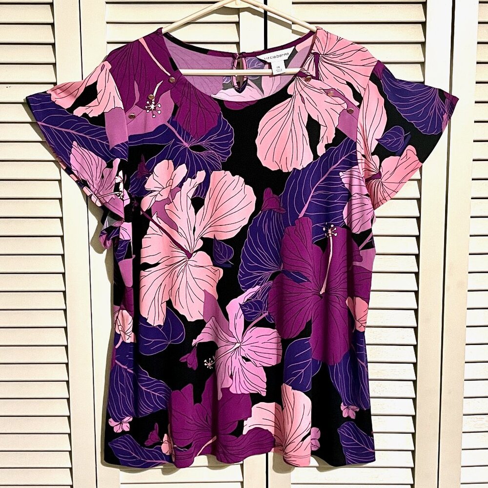 Liz Claiborne Purple Flower Flowing Tunic / Top * Size 1X * New with Tag